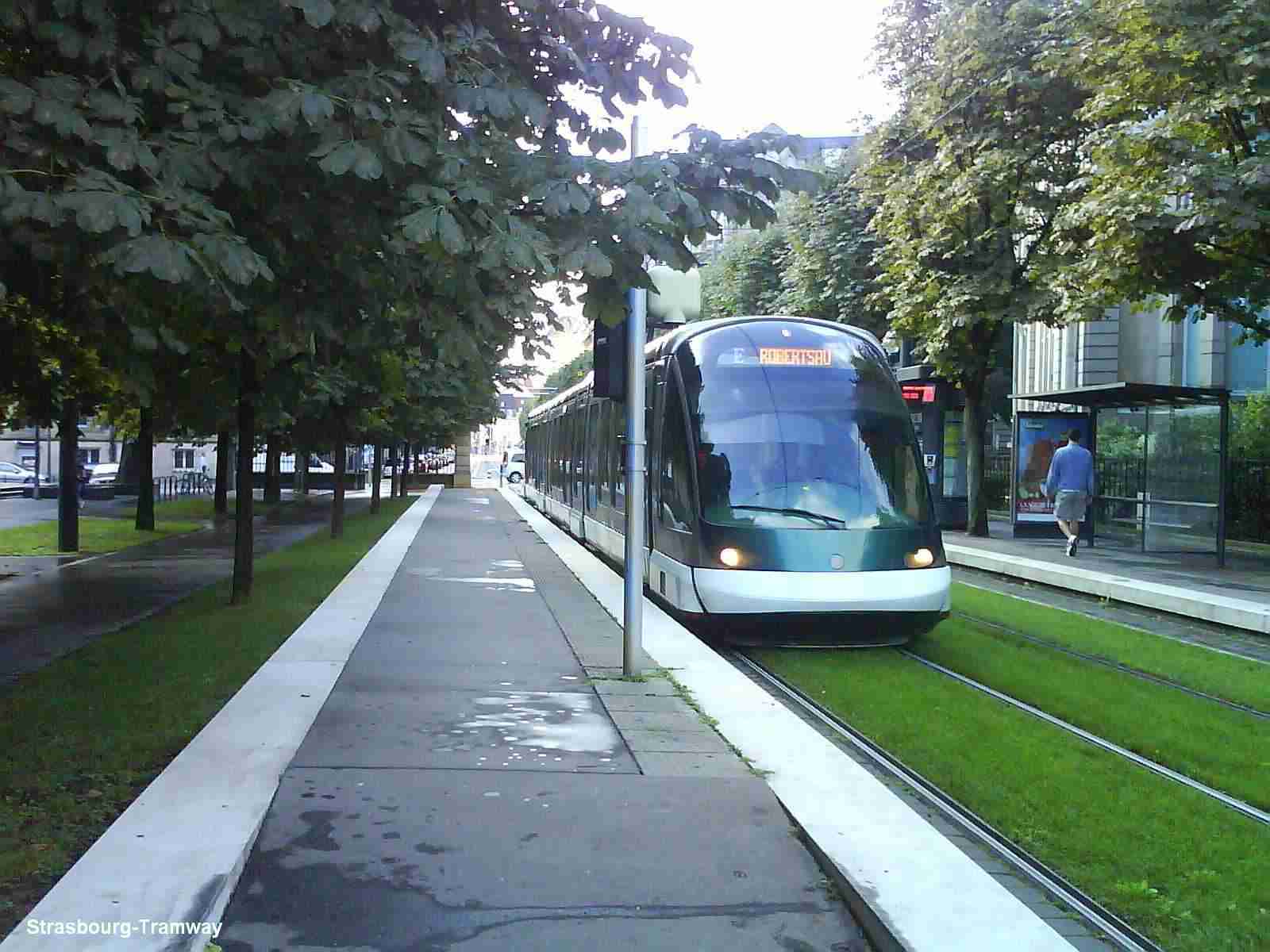 Eurotram de la ligne E arrêté au signal protégeant les aiguilles de la bifurquation.